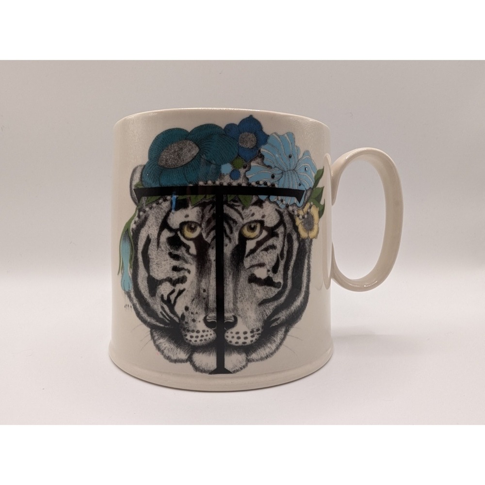 Anthropologie Balducci T Mug Gray Tiger Blue Floral 19.5 Oz Coffee Cup Mug EUC